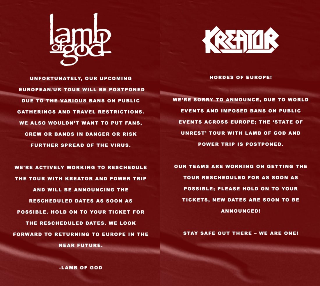 Aplazada la gira de Lamb of God y Kreator